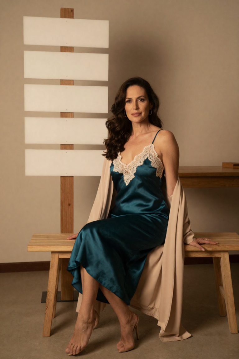 Opal in a deep-teal silk slip dress on the trailhead bench, TonNavigation